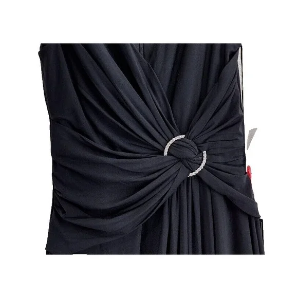 Ieena Mac Duggal 26890 Black V Neck Sleeveless Ruched Maxi Dress Side Slit Sz 6